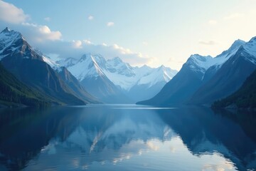  Majestic mountain range above serene and calm fjord, solitude, landscape