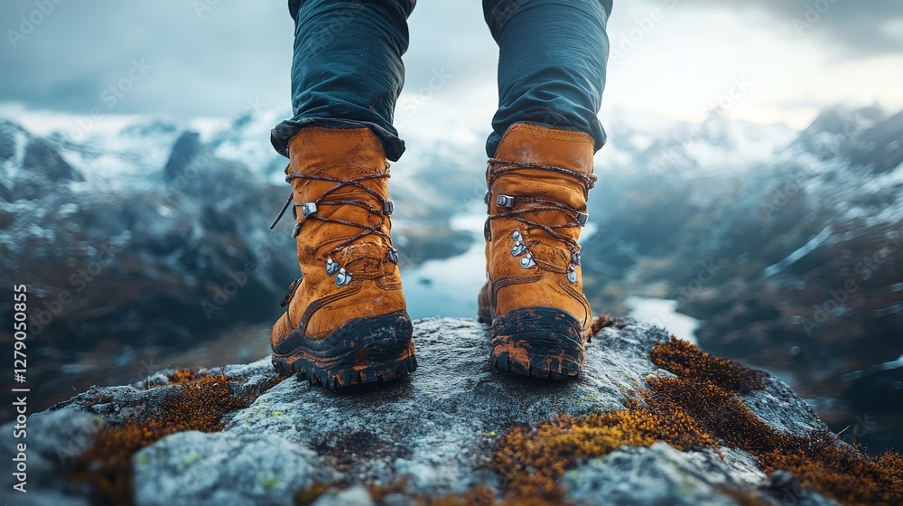 Adventureing Boot Adventurer's boots on a mountain peak overlooking a fjord. Stock Photo ...