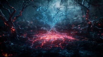 Fototapete - Ai algorithms illuminate a digital landscape in an enchanted forest fantasy art nighttime surreal environment
