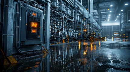 Fototapete - Industrial machinery operations in urban settings a ground-level visual perspective on manufacturing facilities