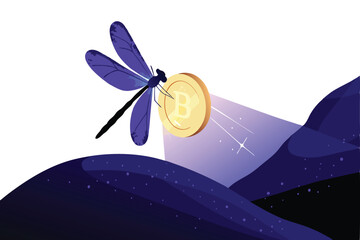 A vibrant dragonfly hovers near a luminous, futuristic cryptocurrency coin, radiating energy.  The scene is detailed and sharp.