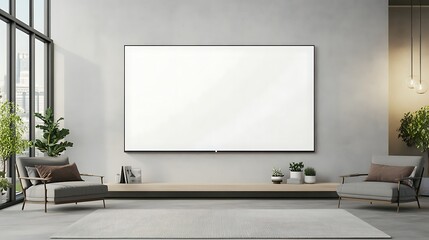 Poster - Modern wall featuring a Smart TV with a blank white screen, ideal for minimalist design themes.