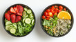 © Parvin - Two bowls filled with a colorful assortment of fresh vegetables, seasonal fruits, and healthy nuts, placed on a clean white background.