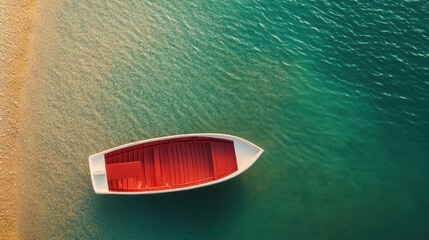 Wall Mural - A small boat gently floats on calm water, surrounded by a serene landscape, reflecting tranquility and peacefulness in nature's embrace.