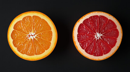 Wall Mural - Fresh orange and grapefruit halves on dark background