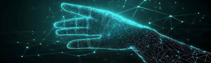 Poster - A digital holographic interface controlled by VR gloves, showcasing advanced technology in interactive environments.