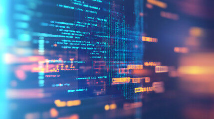 Fototapete - Lines of programming code scrolling on a computer screen in blue and orange colors, representing software development and technology