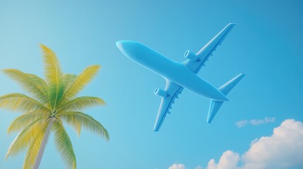 Wall Mural - A blue airplane soars gracefully above a lush palm tree, capturing a vibrant moment in the sky and nature's beauty.