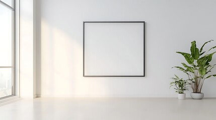 Poster - A minimalist room showcasing a blank picture frame, ideal for decor and interior design purposes.