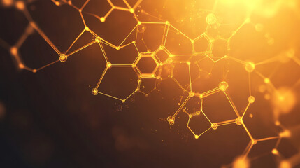 Fototapete - Golden particles connecting in intricate hexagonal structures create a futuristic science background with a bright upper light