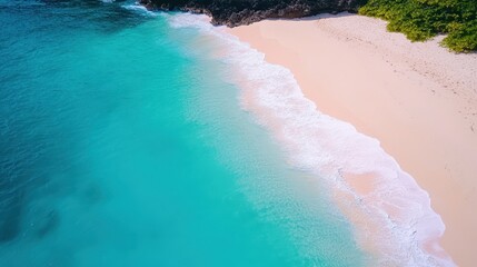 Wall Mural - Aerial view of a serene beach featuring pristine white sand and clear blue water, showcasing the beauty of nature and coastal landscapes.