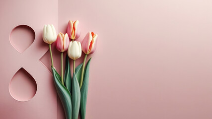 Wall Mural - Paper cut eight with tulips on pink background. Postcard March 8 on a pink background. AI generated