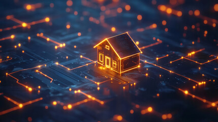 Poster - Luminous house silhouette resting on circuit board, highlighting smart home technology with glowing orange lights representing digital living innovation