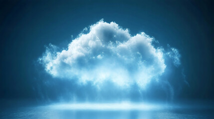 Poster - Cloud computing technology concept: luminous cloud hovering over dark blue backdrop, symbolizing digital data storage and network connectivity