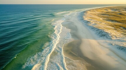 Wall Mural - Aerial view showcasing a serene beach featuring clear water gently lapping against a soft sandy shore under bright sunlight.