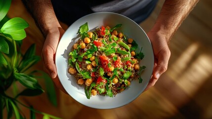 Wall Mural - A man appreciating a hearty bowl of quinoa and chickpea salad, garnished with fresh herbs, in a contemporary dining space, reflecting the trend towards high-fiber, plant-based proteins.