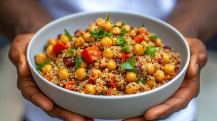 Wall Mural - A man appreciating a hearty bowl of quinoa and chickpea salad, garnished with fresh herbs, in a contemporary dining space, reflecting the trend towards high-fiber, plant-based proteins.