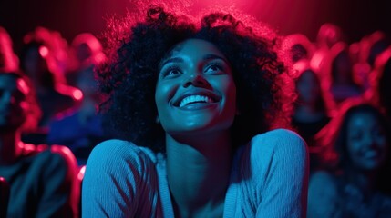 Wall Mural - a person watching a live performance, their face lit up with excitement and a big smile in a concert