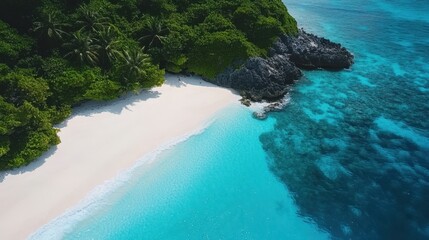 Wall Mural - A stunning aerial view showcasing a beach with pristine white sand and vibrant blue water, highlighting the natural beauty of the coastal landscape.