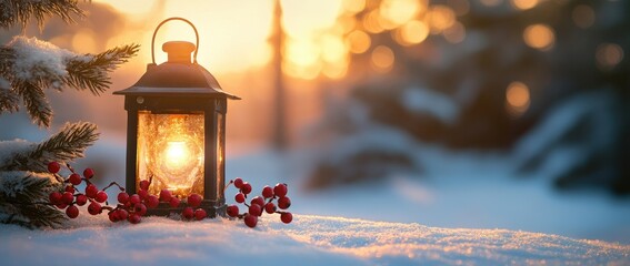 Wall Mural - a glowing lantern with red berries on fresh snow, set against a golden sunset, creating a cozy winte