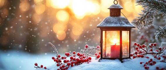 Wall Mural - a glowing lantern covered in snow beside red berries on a winter evening, with golden bokeh lights i