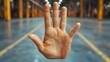 © Chano_1_na - Hand Gesture Showing Stop Sign in Industrial Warehouse with Blurry Background