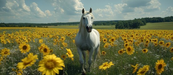 Canvas Print - A majestic white horse stands gracefully amidst a vibrant field of blooming sunflowers, creating a serene and picturesque landscape.