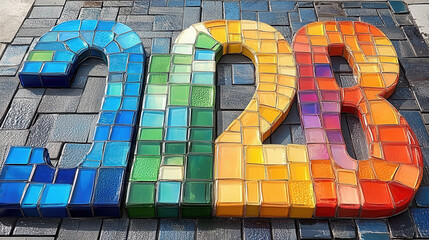 Wall Mural - colorful mosaic numbers 2028 in vibrant shades of blue, green, yellow, and orange, creating cheerful