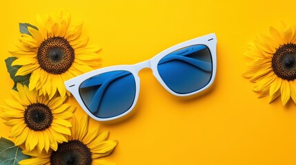 Bright yellow background featuring stylish sunglasses paired with vibrant sunflowers, creating a cheerful and summery aesthetic.