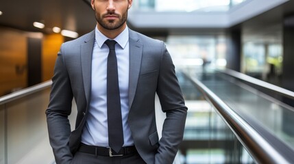 Arafed man in a formal suit and tie stands confidently on an escalator, exuding professionalism and style in a modern environment.