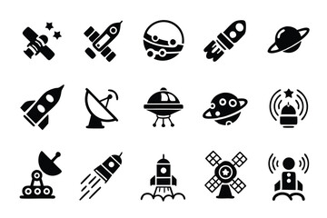 create a high-resolution icon pack depicting 15 diverse elements of space exploration and aerospace 
