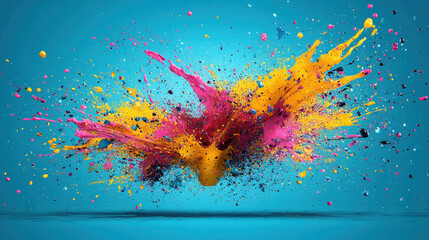 Wall Mural - colorful splashes of paint create vibrant explosion against blue background, evoking energy and crea
