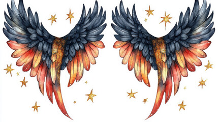 Wall Mural - colorful watercolor wings with golden stars create magical atmosphere