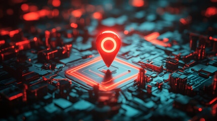 Poster - Glowing red location pin hovering above luminous digital circuit board, symbolizing geolocation technology