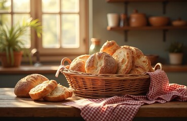 Fototapete - Freshly baked sourdough bread in wicker basket on rustic kitchen counter. Healthy crusty loaf slices. Checkered towel, window and shelves at background. Bakery advertisement food photo.