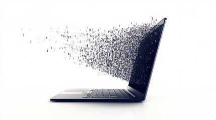 A sleek laptop breaks apart into digital code pieces illustrating cyber transformation artificial intelligence and data transfer

