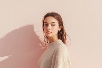 A woman wearing a beige sweater and black pants poses confidently against a vibrant pink wall, showcasing her style and personality.