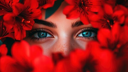 Wall Mural - A woman with captivating blue eyes adorns her hair with vibrant red flowers, creating a striking and colorful contrast in her appearance.