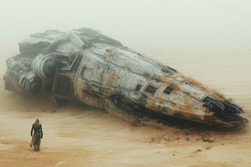 Massive abandoned spaceship wreck in the middle of a desert landscape