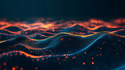 Poster - Vibrant orange, blue particles swirling, generating dynamic wave-like surface with soft depth of field highlighting color intensity