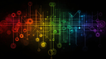 Aufkleber - Rainbow colored circles and lines create a network on a dark background, symbolizing technology, connection, and innovation