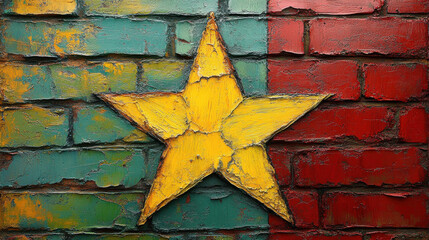 Wall Mural - colorful painted star on textured brick wall, representing national pride