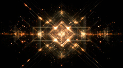 Poster - Luminous golden geometric fractal radiating light beams, sparkling particles dancing against dark backdrop, representing digital technological concept