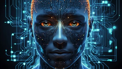 Wall Mural - artificial intelligence concept, robotic face with glowing circuits and lines