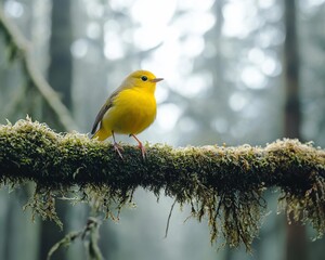  Vivid yellow bird perched on moss-covered branch in misty forest.