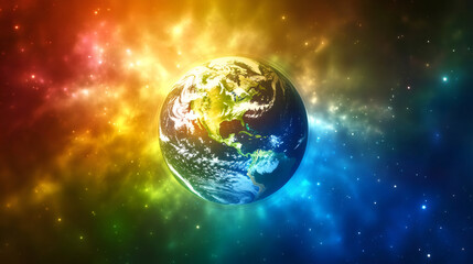 Poster - Earth is rotating in a colorful nebula with North and South America continents clearly visible