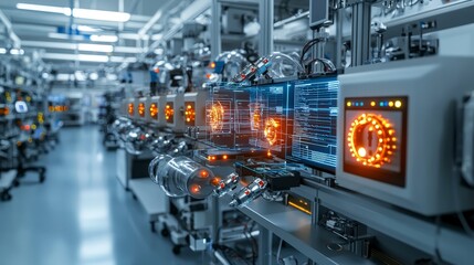 Fototapete - Digital security system with glowing locks in high-tech factory environment technology concept futuristic view