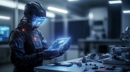 Poster - Futuristic robotic assistant prepares holographic tech showcase in high-tech laboratory environment