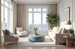 © Maryna - Living room 3d render illustration in Hampton style in pastel colors. Home interior with sofa, chairs and houseplant. Big window with sea view. Comfortable apartment design.