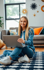 Wall Mural - Young woman sitting on the floor with a laptop, smiling in a stylish living room.